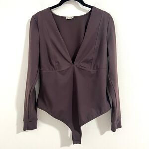 Free People Intimately Thong Bodysuit Size L Brown Low V Neck Minimalist Ballet